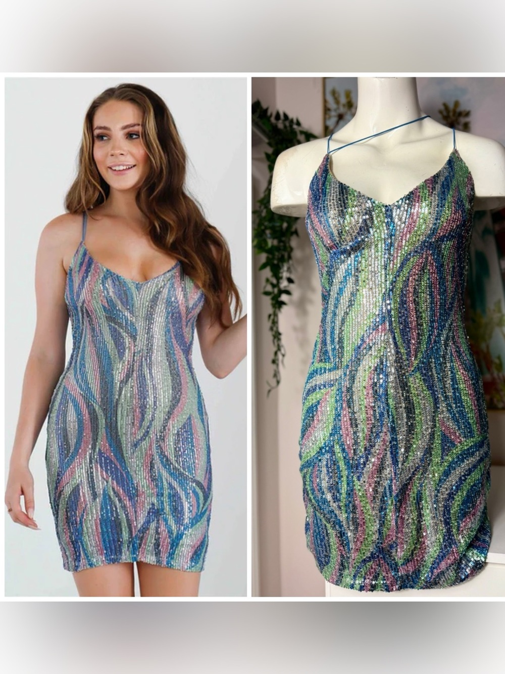 Blanc Sequin Mini Dress Size Large Green Blue Pink Swirl Bodycon Party Club
